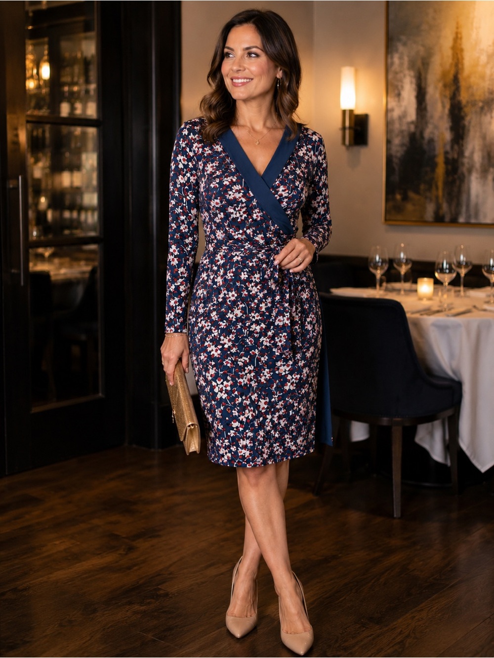 Banana Republic Navy Floral Wrap Dress with Cream and Red Accents